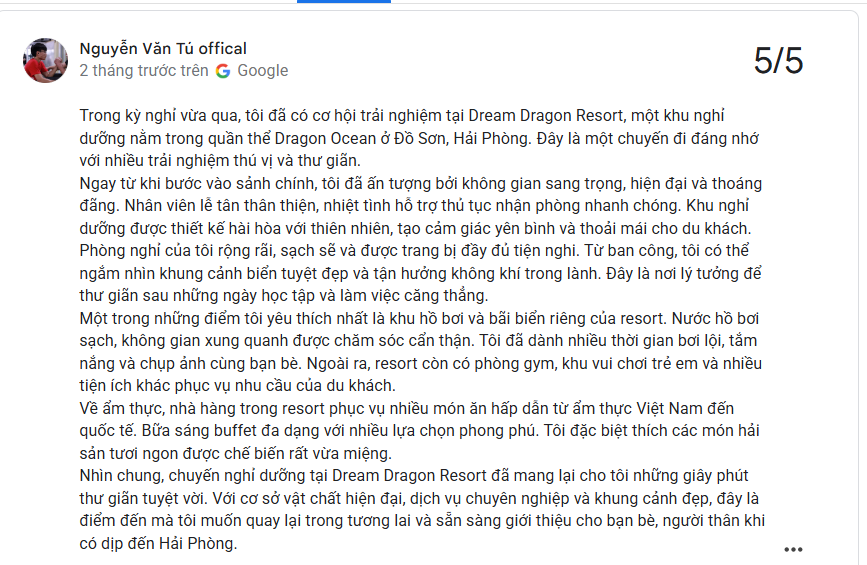 Bài đánh giá về trải nghiệm nghỉ dưỡng tại Dream Dragon Resort trên Google Maps 2026 22 danh gia cua khach hang 2